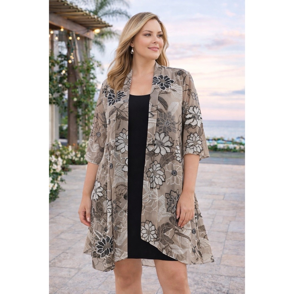 R&M Richards Womens 18W Sheer Floral Kimono Cardigan Open Front Boho BB18